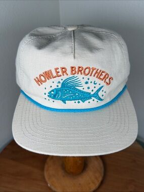 Howler Brothers Flat Bill Roper SnapBack Trucker Hat Cap Cream Turquoise Orange
